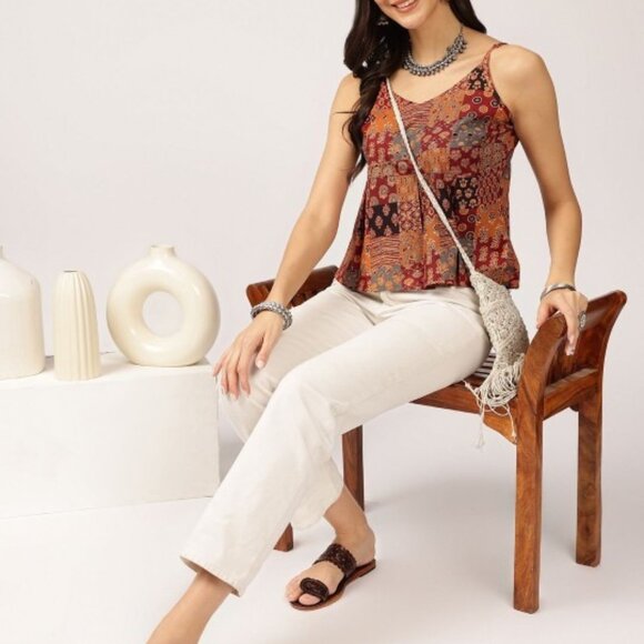 Maroon Multi-Coloured Peplum Crop Top – Scoop Neck, Sleeveless, 100% Cotton - Picture 6 of 6